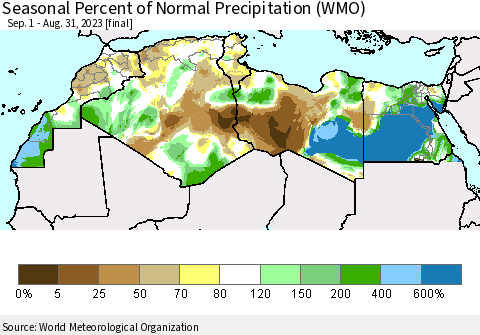 North Africa Seasonal Percent of Normal Precipitation (WMO) Thematic Map For 9/1/2022 - 8/31/2023