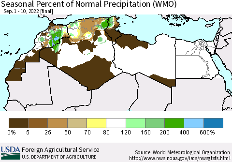 North Africa Seasonal Percent of Normal Precipitation (WMO) Thematic Map For 9/1/2022 - 9/10/2022