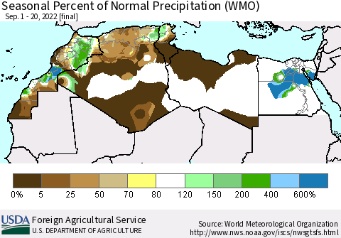 North Africa Seasonal Percent of Normal Precipitation (WMO) Thematic Map For 9/1/2022 - 9/20/2022