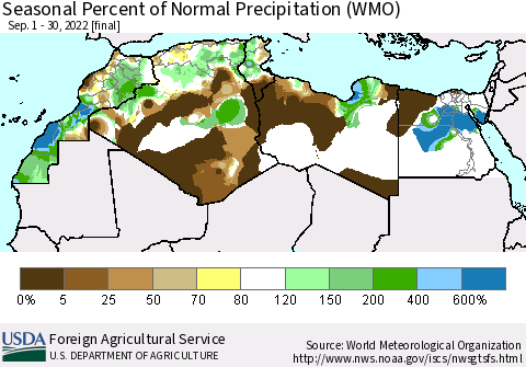 North Africa Seasonal Percent of Normal Precipitation (WMO) Thematic Map For 9/1/2022 - 9/30/2022