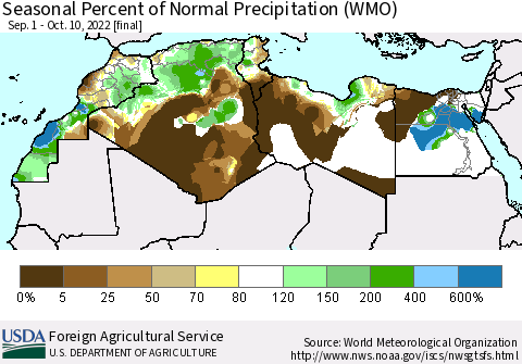 North Africa Seasonal Percent of Normal Precipitation (WMO) Thematic Map For 9/1/2022 - 10/10/2022