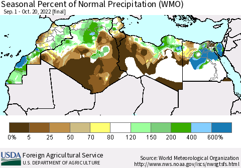 North Africa Seasonal Percent of Normal Precipitation (WMO) Thematic Map For 9/1/2022 - 10/20/2022
