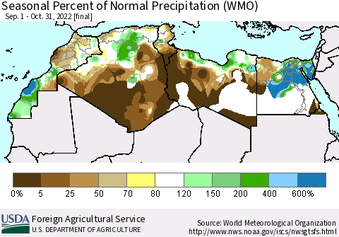 North Africa Seasonal Percent of Normal Precipitation (WMO) Thematic Map For 9/1/2022 - 10/31/2022