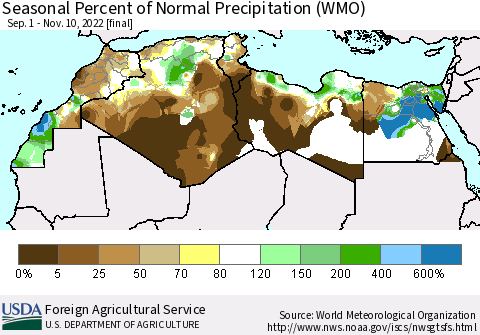 North Africa Seasonal Percent of Normal Precipitation (WMO) Thematic Map For 9/1/2022 - 11/10/2022