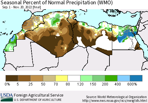 North Africa Seasonal Percent of Normal Precipitation (WMO) Thematic Map For 9/1/2022 - 11/20/2022