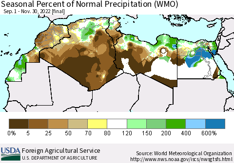 North Africa Seasonal Percent of Normal Precipitation (WMO) Thematic Map For 9/1/2022 - 11/30/2022