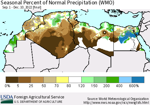 North Africa Seasonal Percent of Normal Precipitation (WMO) Thematic Map For 9/1/2022 - 12/10/2022