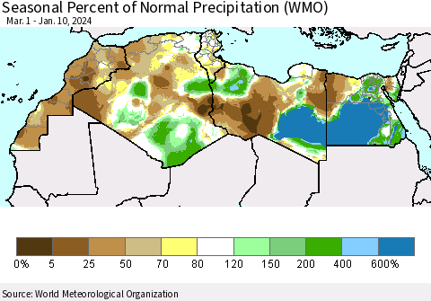 North Africa Seasonal Percent of Normal Precipitation (WMO) Thematic Map For 3/1/2023 - 1/10/2024