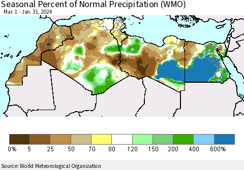 North Africa Seasonal Percent of Normal Precipitation (WMO) Thematic Map For 3/1/2023 - 1/31/2024