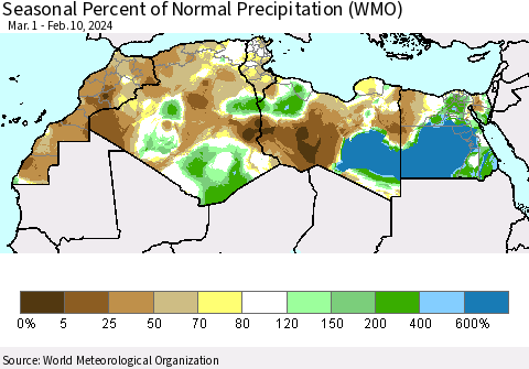 North Africa Seasonal Percent of Normal Precipitation (WMO) Thematic Map For 3/1/2023 - 2/10/2024