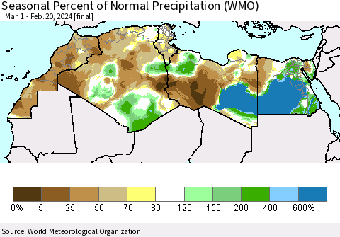 North Africa Seasonal Percent of Normal Precipitation (WMO) Thematic Map For 3/1/2023 - 2/20/2024