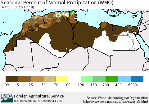 North Africa Seasonal Percent of Normal Precipitation (WMO) Thematic Map For 3/1/2023 - 3/10/2023