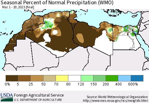 North Africa Seasonal Percent of Normal Precipitation (WMO) Thematic Map For 3/1/2023 - 3/20/2023