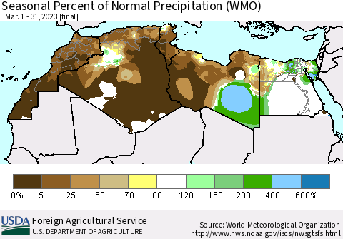 North Africa Seasonal Percent of Normal Precipitation (WMO) Thematic Map For 3/1/2023 - 3/31/2023