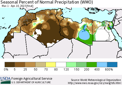 North Africa Seasonal Percent of Normal Precipitation (WMO) Thematic Map For 3/1/2023 - 4/10/2023