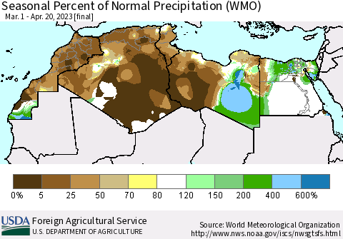 North Africa Seasonal Percent of Normal Precipitation (WMO) Thematic Map For 3/1/2023 - 4/20/2023