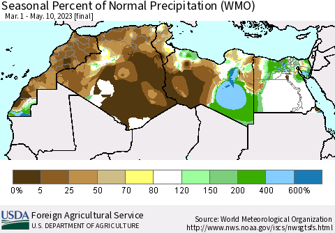 North Africa Seasonal Percent of Normal Precipitation (WMO) Thematic Map For 3/1/2023 - 5/10/2023