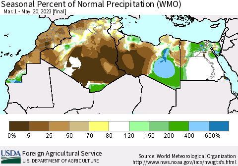 North Africa Seasonal Percent of Normal Precipitation (WMO) Thematic Map For 3/1/2023 - 5/20/2023