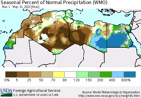 North Africa Seasonal Percent of Normal Precipitation (WMO) Thematic Map For 3/1/2023 - 5/31/2023