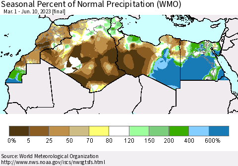 North Africa Seasonal Percent of Normal Precipitation (WMO) Thematic Map For 3/1/2023 - 6/10/2023