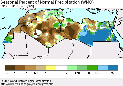 North Africa Seasonal Percent of Normal Precipitation (WMO) Thematic Map For 3/1/2023 - 6/30/2023