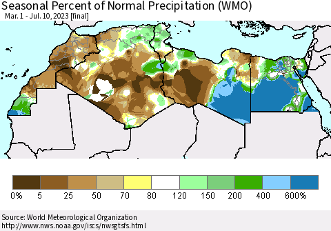 North Africa Seasonal Percent of Normal Precipitation (WMO) Thematic Map For 3/1/2023 - 7/10/2023