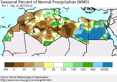 North Africa Seasonal Percent of Normal Precipitation (WMO) Thematic Map For 3/1/2023 - 8/10/2023