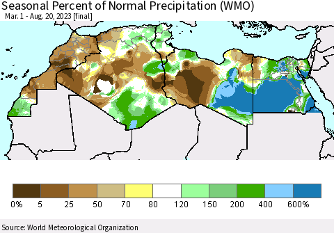 North Africa Seasonal Percent of Normal Precipitation (WMO) Thematic Map For 3/1/2023 - 8/20/2023