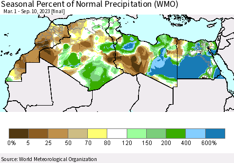 North Africa Seasonal Percent of Normal Precipitation (WMO) Thematic Map For 3/1/2023 - 9/10/2023