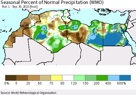 North Africa Seasonal Percent of Normal Precipitation (WMO) Thematic Map For 3/1/2023 - 9/30/2023