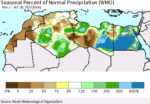 North Africa Seasonal Percent of Normal Precipitation (WMO) Thematic Map For 3/1/2023 - 10/20/2023
