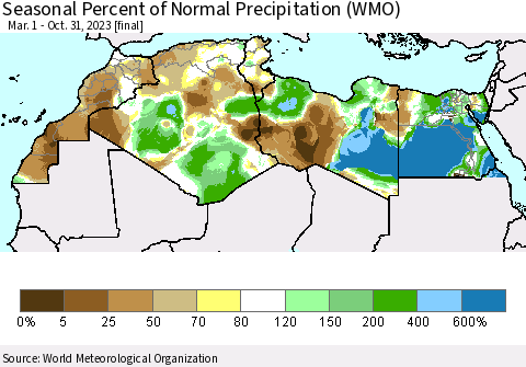 North Africa Seasonal Percent of Normal Precipitation (WMO) Thematic Map For 3/1/2023 - 10/31/2023