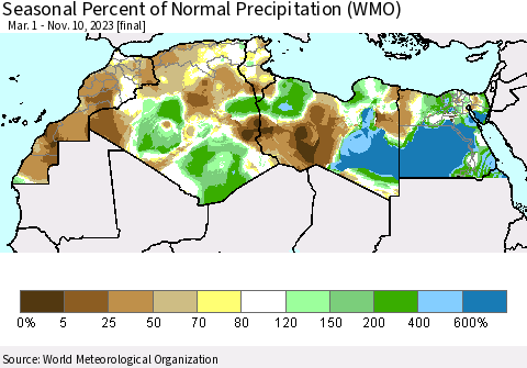 North Africa Seasonal Percent of Normal Precipitation (WMO) Thematic Map For 3/1/2023 - 11/10/2023