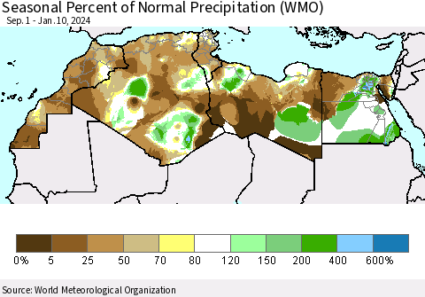 North Africa Seasonal Percent of Normal Precipitation (WMO) Thematic Map For 9/1/2023 - 1/10/2024