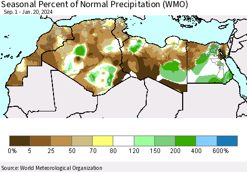 North Africa Seasonal Percent of Normal Precipitation (WMO) Thematic Map For 9/1/2023 - 1/20/2024