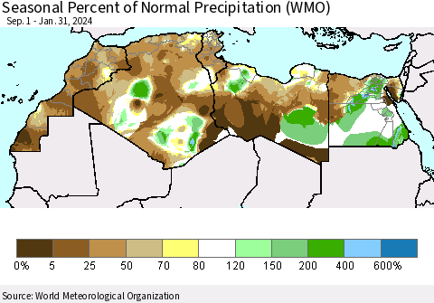 North Africa Seasonal Percent of Normal Precipitation (WMO) Thematic Map For 9/1/2023 - 1/31/2024