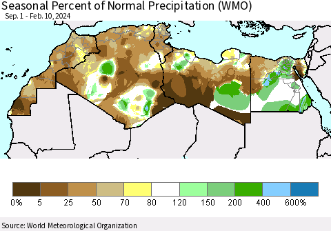 North Africa Seasonal Percent of Normal Precipitation (WMO) Thematic Map For 9/1/2023 - 2/10/2024