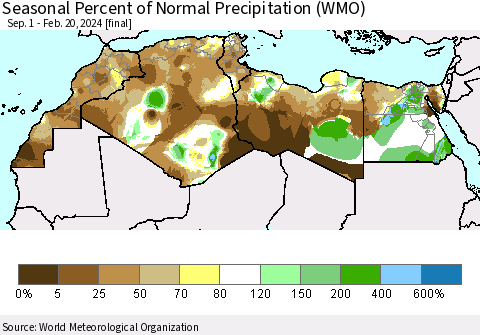 North Africa Seasonal Percent of Normal Precipitation (WMO) Thematic Map For 9/1/2023 - 2/20/2024