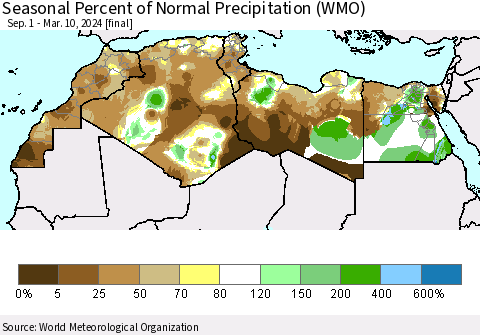 North Africa Seasonal Percent of Normal Precipitation (WMO) Thematic Map For 9/1/2023 - 3/10/2024