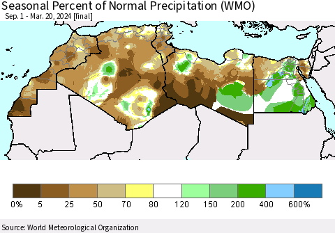 North Africa Seasonal Percent of Normal Precipitation (WMO) Thematic Map For 9/1/2023 - 3/20/2024