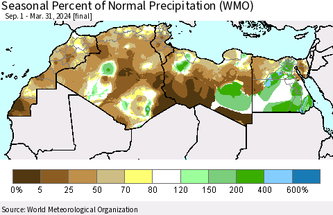 North Africa Seasonal Percent of Normal Precipitation (WMO) Thematic Map For 9/1/2023 - 3/31/2024