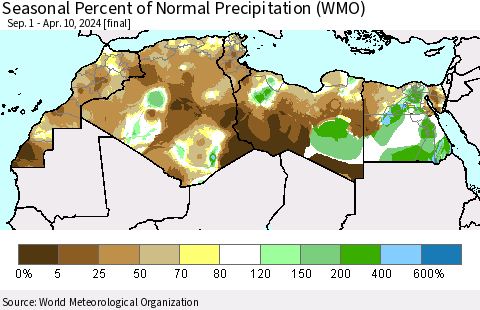 North Africa Seasonal Percent of Normal Precipitation (WMO) Thematic Map For 9/1/2023 - 4/10/2024