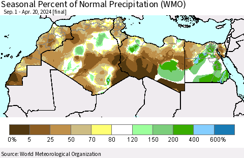 North Africa Seasonal Percent of Normal Precipitation (WMO) Thematic Map For 9/1/2023 - 4/20/2024