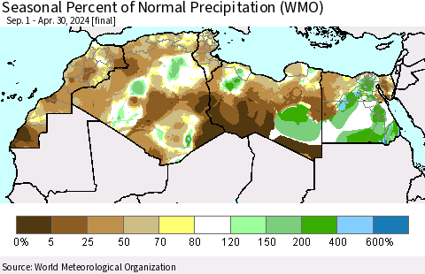 North Africa Seasonal Percent of Normal Precipitation (WMO) Thematic Map For 9/1/2023 - 4/30/2024
