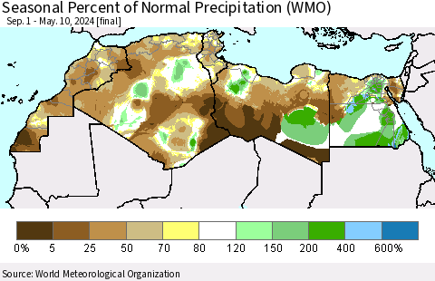 North Africa Seasonal Percent of Normal Precipitation (WMO) Thematic Map For 9/1/2023 - 5/10/2024