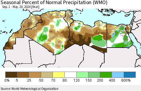 North Africa Seasonal Percent of Normal Precipitation (WMO) Thematic Map For 9/1/2023 - 5/20/2024