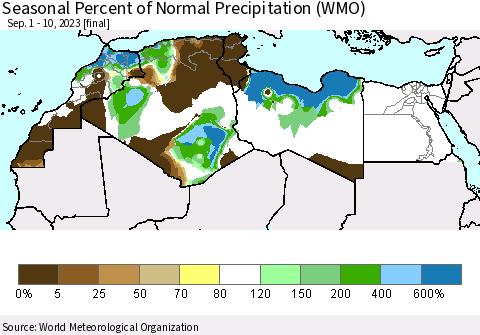 North Africa Seasonal Percent of Normal Precipitation (WMO) Thematic Map For 9/1/2023 - 9/10/2023