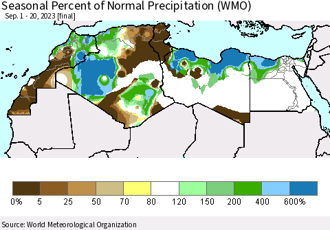 North Africa Seasonal Percent of Normal Precipitation (WMO) Thematic Map For 9/1/2023 - 9/20/2023