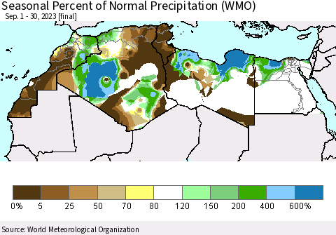 North Africa Seasonal Percent of Normal Precipitation (WMO) Thematic Map For 9/1/2023 - 9/30/2023