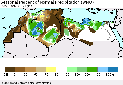 North Africa Seasonal Percent of Normal Precipitation (WMO) Thematic Map For 9/1/2023 - 10/10/2023